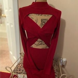 Say What? Red Ribbed Cutout Long Sleeve Midi Dress